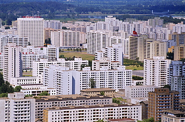 Aerial view of city skyline with blocks of flats rebuilt since 1950s war, Pyongyang, North Korea, Asia