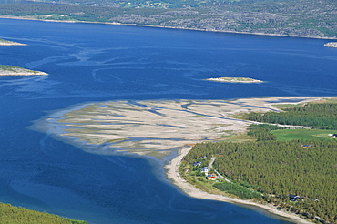 Delta of sand at river mouth, Kvaenangen Sorfjord, north Norway, Scandinavia, Europe