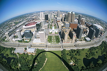 State capitol and downtown seen from Gateway Arch, which casts a shadow, St. Louis, Missouri, United States of America, North America