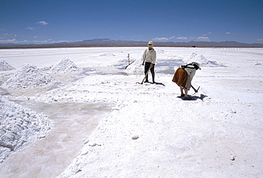 Hand-working in Colchani salt pans, Salar de Uyuni, salt flat, Southwest Highlands, Bolivia, South America