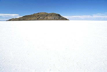 Isla de los Pescadores in centre, salt flats, Salar de Uyuni, Southwest Highlands, Bolivia, South America