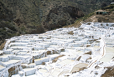 Inca salt pans below salt spring, Salineras de Maras, Sacred Valley, Cuzco region (Urabamba), Peru, South America