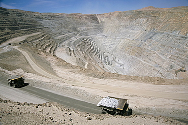 Chuqui open-pit copper mine, 4km long, 720m d eep, trucks each carrying 300t of ore, Chuquicamata, Calama, Chile, South America