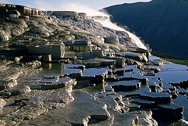 Hot water in pools on calcite terraces deposited by Mammoth Hot Springs, Yellowstone National Park, UNESCO World Heritage Site, Wyoming, United States of America (U.S.A.), North America