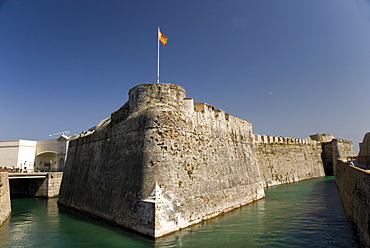 Defensive city wall and moat across the narrow approach isthmus, Ceuta, the Spanish enclave on the coast of Morocco, North Africa, Africa