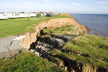 Coast erosion with active landslips in glacial till, Aldbrough, Holderness coast, Humberside, England, United Kingdom