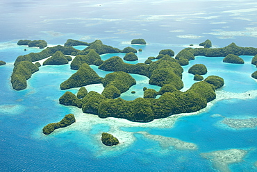 Seventy Islands (Ngerukewid Islands Wildlife Preserve), forest-covered limestone rock, protected as a Nature Reserve, so can only be seen from the air, Palau, Micronesia, Western Pacific Ocean, Pacific