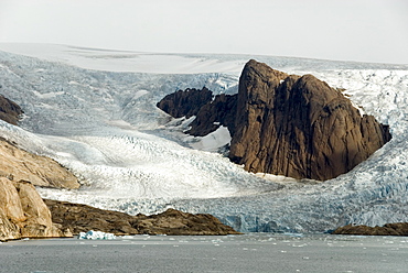 Outlet glaciers descending from main ice sheet, along north side of Prins Christian Sund, southern tip of Greenland, Greenland, Polar Regions