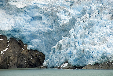 Icefall at end of outlet glacier descending from main ice sheet, along north side of Prins Christian Sund, southern tip of Greenland, Greenland, Polar Regions