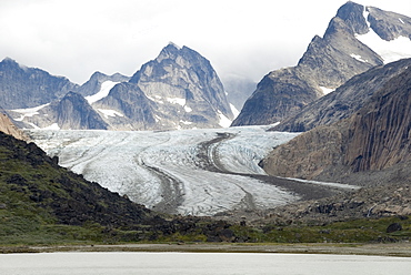 Outlet glacier descending from main ice sheet, along north side of Prins Christian Sund, southern tip of Greenland, Polar Regions