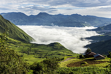 Valley filled with cloud in Andes central highlands, hiding the Nariz del Diablo railway below Chunchi, Ecuador, South America