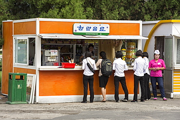 Snack kiosk in street in centre of Pyongyang, North Korea, Asia