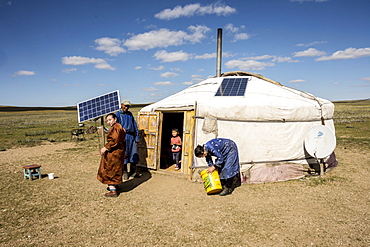 Nomadic herders' ger camp on Steppes grasslands of Mongolia, Asia