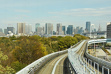 Tokyo, Japan; Yurikamome Monorail from port area into city.