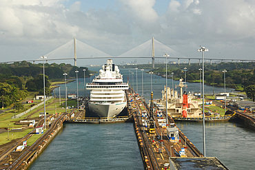 Panama Canal, ships in the old Gatun Locks, Atlantic Bridge in distance