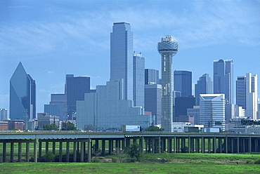 Freeway bridge over the Dallas River floodplain, and skyline of the downtown area, Dallas, Texas, United States of America, North America