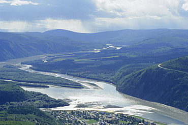 Yukon River with Dawson City in the foreground, and the Klondike River entering left, Yukon, Canada, North America