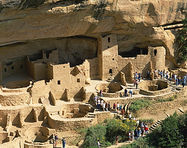 Aerial view over the Cliff Palace crowded, with tourists, in the Mesa Verde National Park, UNESCO World Heritage Site, Colorado, United States of America, North America