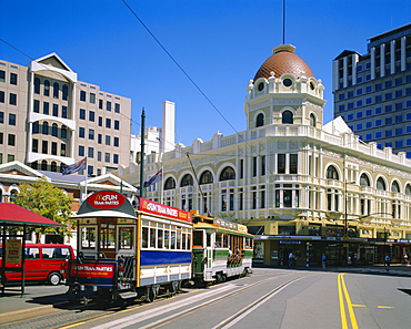 Tram in Cathedral Square, Christchurch, New Zealand, Australasia