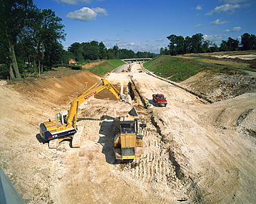 Earthmover and other machinery used in the construction of a new road, in the United Kingdom, Europe