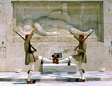 Evzones guards in front of Greek Parliament building, Syntagma square, Athens, Greece, Europe