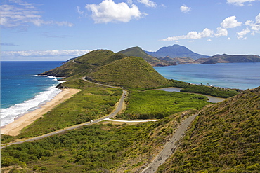 View from Timothy's Hill of St. Kitts panhandle and distant Nevis, St. Kitts and Nevis, Leeward Islands, West Indies, Caribbean, Central America