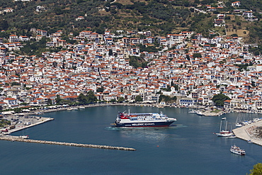 Aerial view of ferry in harbour, Skopelos, Sporades, Greek Islands, Greece, Europe