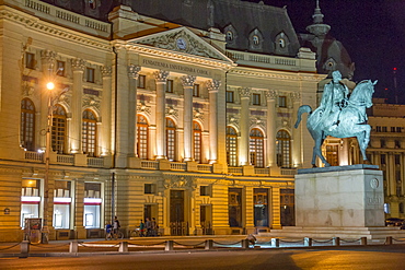 University Library and statue of King Carol I, Bucharest, Romania, Europe