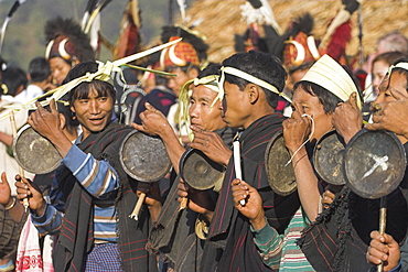 Naga men dancing, Naga New Year Festival, Lahe village, Sagaing Division, Myanmar (Burma), Asia