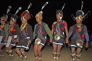 Naga men dancing at Grand Finale wearing headdress made of woven cane decorated with wild boar teeth, Mithan horns (wild cow) and bear fur topped with Hornbill feather with Tiger teeth necklaces and conch shell ear ornament, Lahe village, Naga New Year Festival, Sagaing Division, Myanmar (Burma), Asia