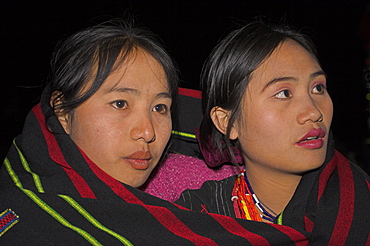 Naga ladies at Grand Finale (tribal dancing) wrapped up in traditional blankets, Naga New Year Festival, Lahe village, Sagaing Division, Myanmar (Burma), Asia