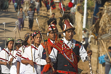 Naga New Year Festival, Naga people walking to festival ground, the men wearing headdress made of woven cane decorated with wildboar teeth, bear fur and topped with hornbill feather also with conch shell ear ornaments, Lahe village, Sagaing Division, Myanmar (Burma), Asia