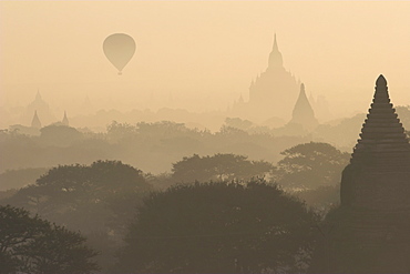 Hot air balloon flying over the ancient temples of Bagan (Pagan), Myanmar (Burma), Asia