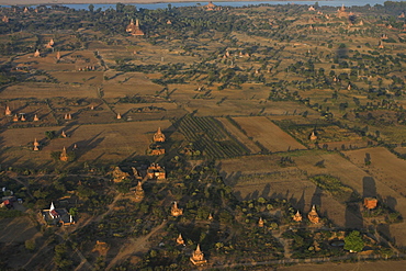 View of ancient temples from hot air balloon, Bagan (Pagan), Myanmar (Burma), Asia