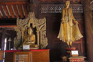 Buddha images, Youqson Kyaung (Yoke-son), the oldest surviving wooden monastery in the Bagan area now a museum, containing religious objects from the Konbaung era, Salay (Sale), Myanmar (Burma), Asia