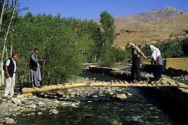 Tourists crossing log bridge, Kakrak valley, Bamiyan, Afghanistan, Asia