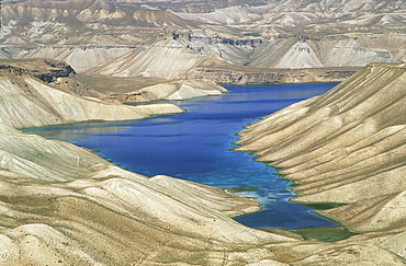 One of the crater lakes at Band-E-Amir (Dam of the King), Afghanistan's first National Park set up in 1973 to protect the five lakes, believed by locals to have been created by the Prophet Mohammed's son-in-law Ali, making them a place of pilgrimage, Afghanistan, Asia