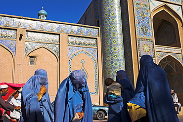 Ladies wearing blue burqas outside the Friday Mosque (Masjet-e Jam), Herat, Afghanistan, Asia