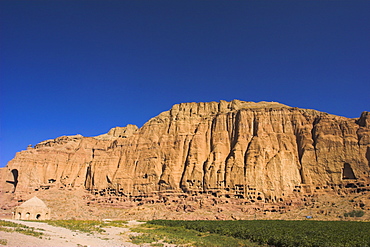 Cliffs with empty niches where the famous carved Buddhas once stood, destroyed by the Taliban in 2001, Bamiyan, UNESCO World Heritage Site, Bamiyan province, Afghanistan, Asia