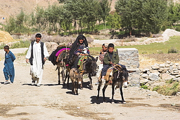 Aimaq people walking and riding donkeys entering village, Pal-Kotal-i-Guk, between Chakhcharan and Jam, Afghanistan, Asia