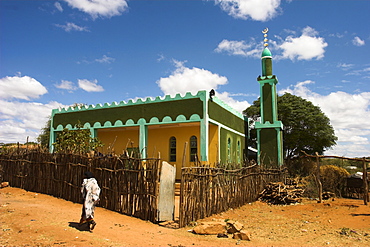 Lady walking past mosque, Konso, southern area, Ethiopia, Africa