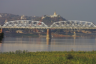 The 16 span Ava Bridge across the Ayeyarwaddy River engineered by the British in 1934, ancient city of Inwa (Ava), Mandalay, Myanmar (Burma), Asia