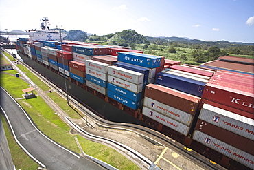 Container ship in Miraflores Locks, Panama Canal, Panama, Central America