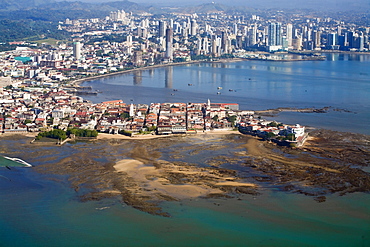 Aerial view of city showing  the old town of Casco Viejo also known as San Felipe and Panama Bay, Panama City, Panama, Central America