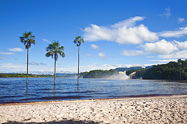 View to Hacha falls, Canaima Lagoon, Canaima National Park, UNESCO World Heritage Site, Guayana Highlands, Venezuela, South America