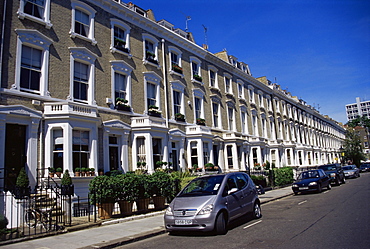 Terraced housing in street in Chelsea, SW3, London, England, United Kingdom, Europe