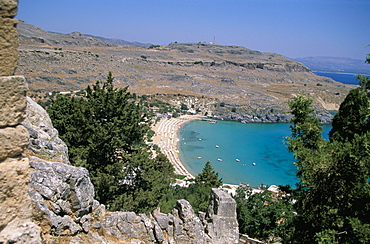 Lindos beach from the Acropolis, Rhodes, Greek Islands, Greece, Europe