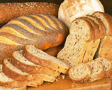 A selection of bread loaves and bread slices