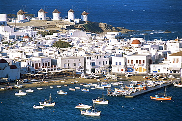 Town, harbour and windmills, Mykonos town, island of Mykonos, Cyclades, Greece, Europe