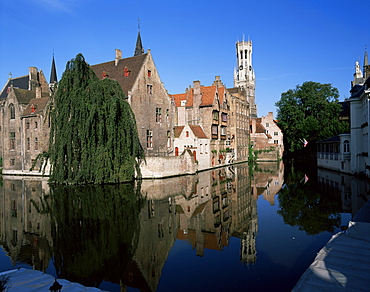 Looking towards the belfry of Belfort Hallen, Bruges, Belgium, Europe